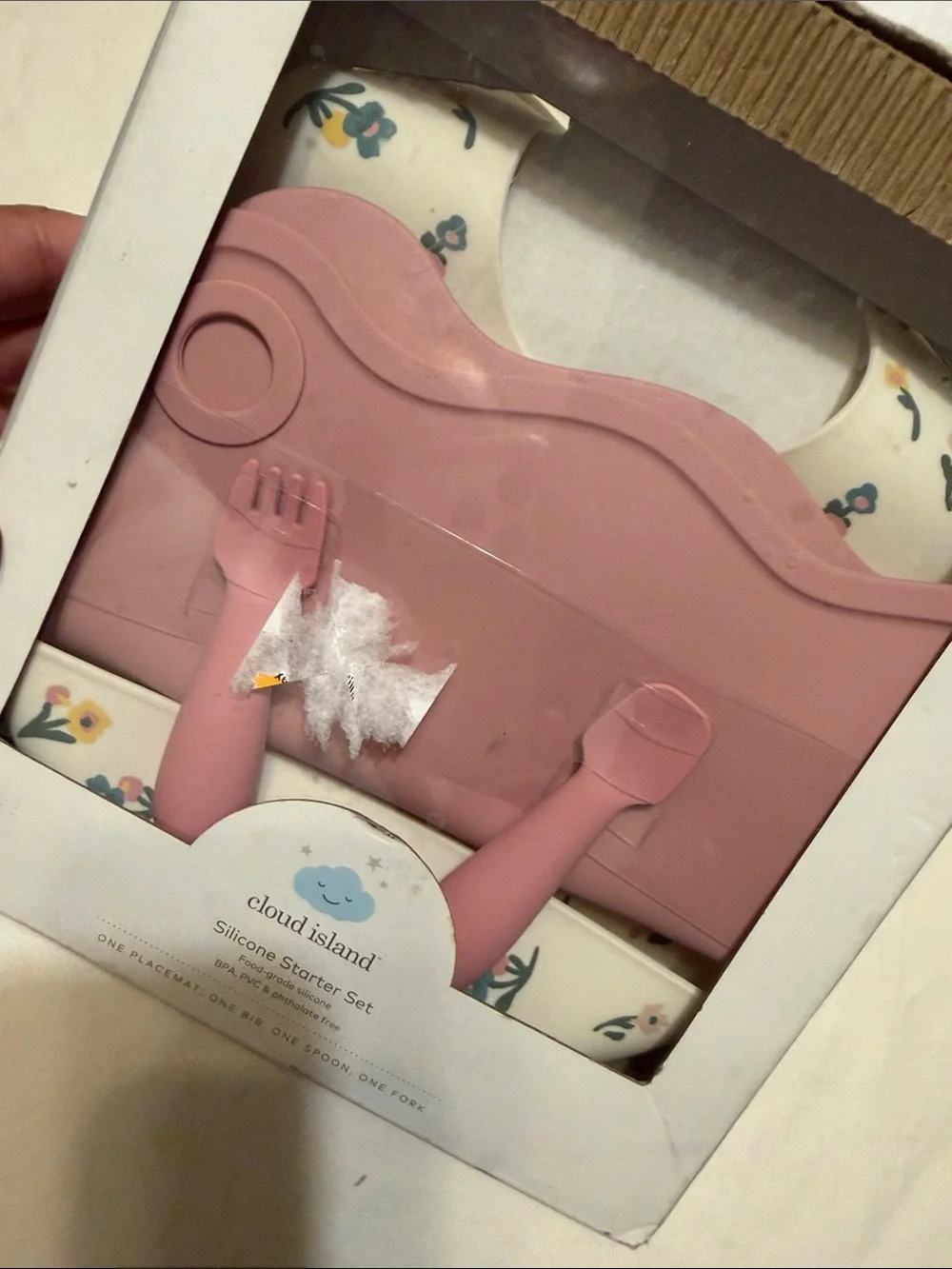 cloud island pink silicone bib and utensils set with floral accents
